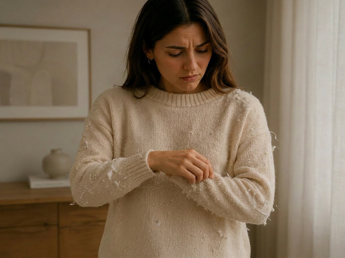Mujer mirando su sweater lleno de pelusas y motitas