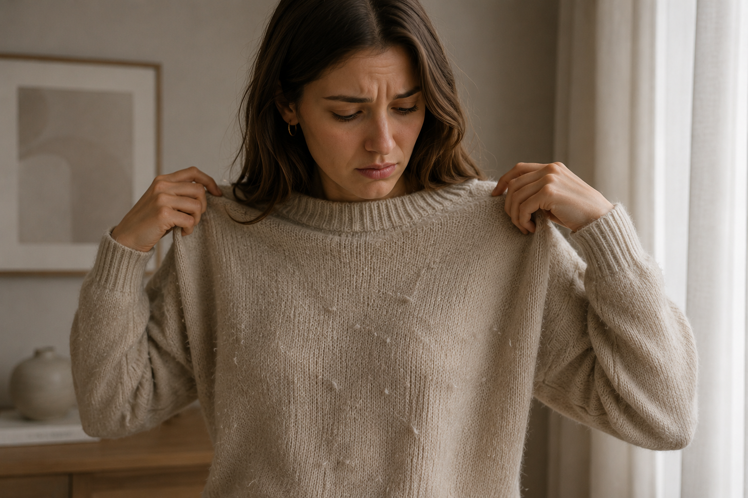 Mujer mirando su sweater lleno de pelusas y motitas