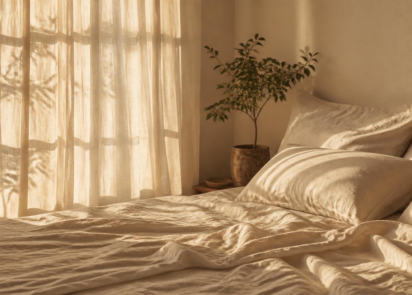 Habitación tranquila con cortinas de lino y luz dorada